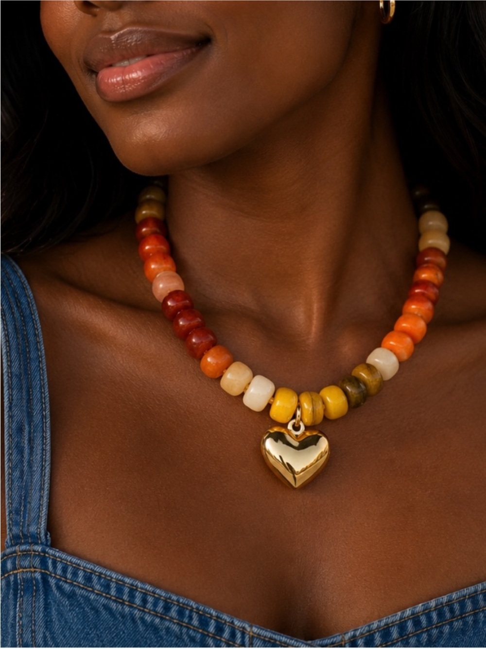 Multicolor Beaded Necklace with Gold Heart Charm